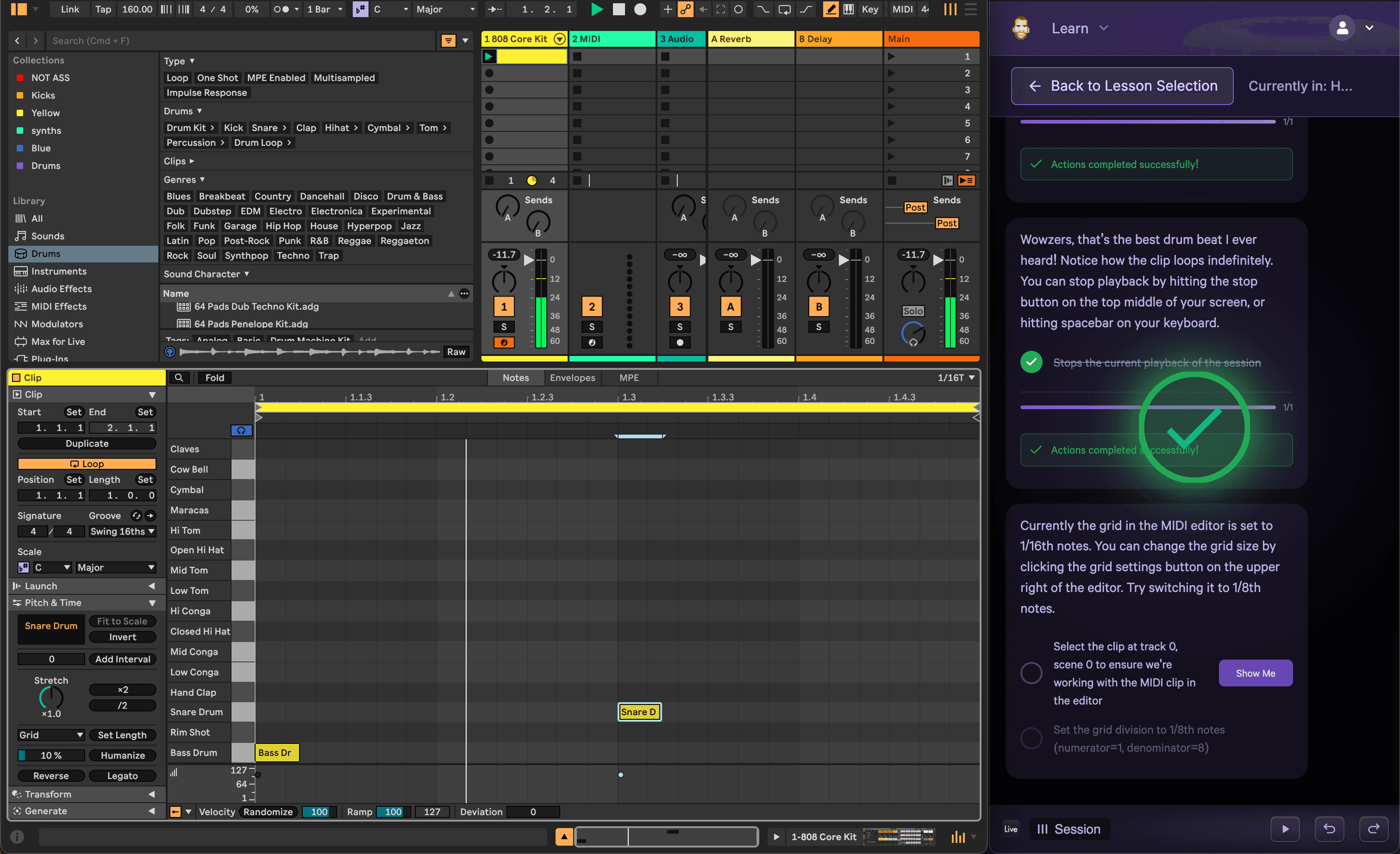 Ableton Live with Wavguide overlay showing completed lesson